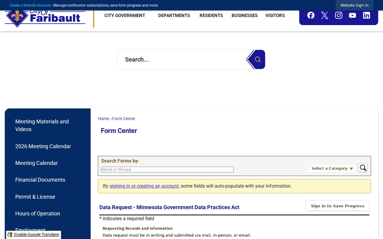 Faribault residents directory reference showing the city Minnesota Government Data Practices request form