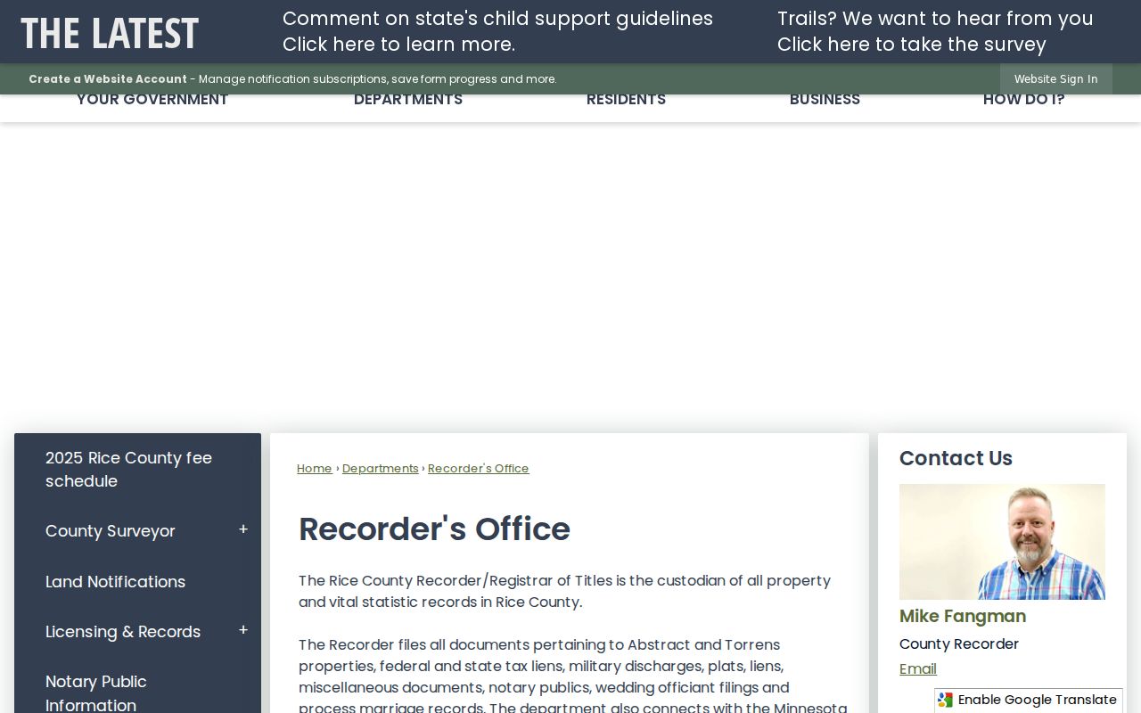 Faribault residents directory reference showing the Rice County Recorder public records route